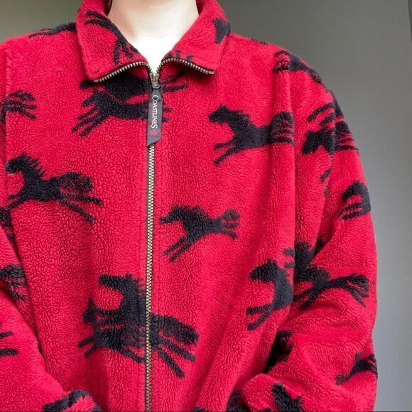 Vintage 90s Coatlines Canadian Western Horse Deep Pile Red Black Fleece Jacket - Picture 11 of 12
